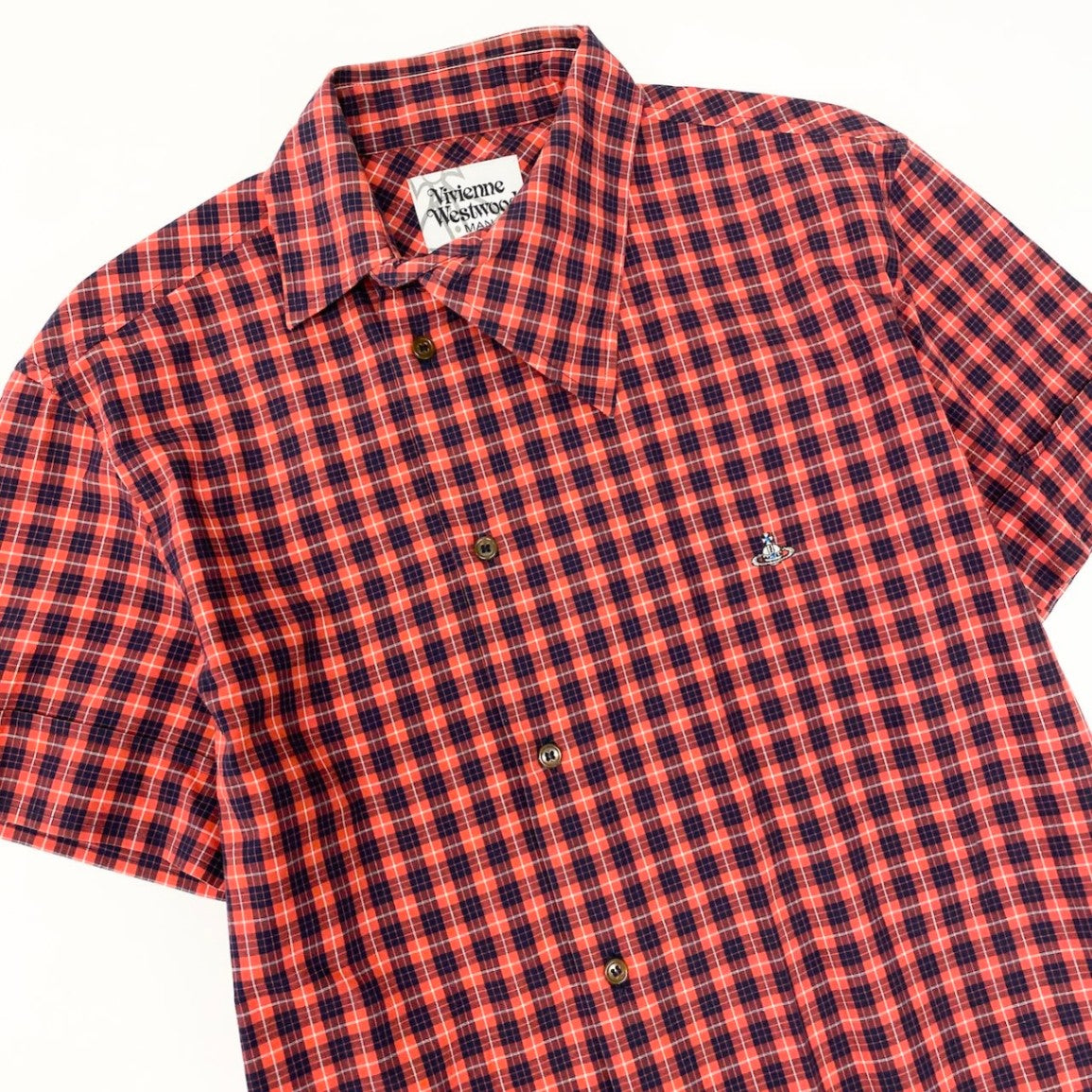 23e7 VivienneWestWood MAN ヴィヴィアンウエストウッドマン ロゴ刺繡 チェックシャツ 半袖シャツ サイズ50 レッド ネイビー コットン100％ メンズ 紳士服u02t