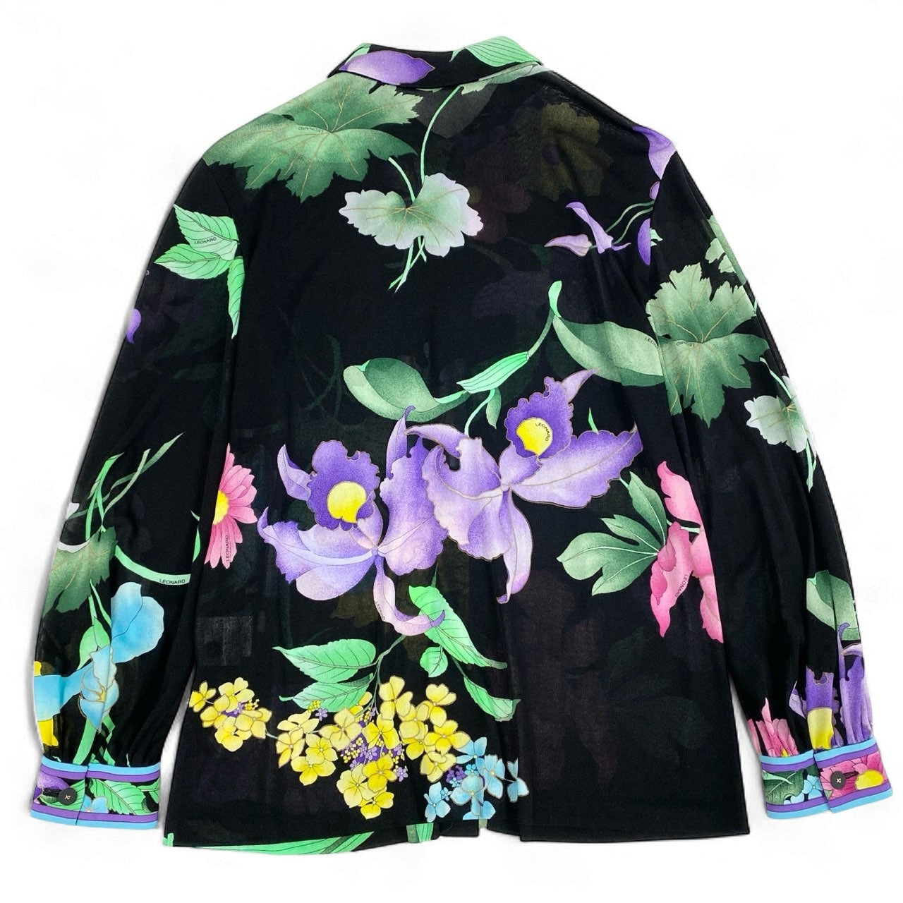 3k19《美品》 LEONARD FASHION レオナール 長袖シャツ シアーシャツ 美しい花柄プリント カンカン素材 レディース 女性用 L ブラックu02t