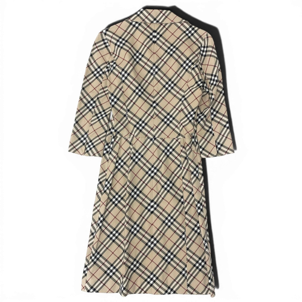 46e11 BURBERRY LONDON BLUE LABEL バーバリー ブルーレーベル ノバチェック オープンカラーシャツワンピース 七分袖 ストレッチ素材 サイズ38 ベージュ レディース 女性服o07t