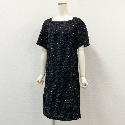 16h9《極美品》DRIES VAN NOTEN ドリスヴァンノッテン 半袖ワンピース ドレス 膝丈 スクエアネック サイズ34 ブラック レディースk02i