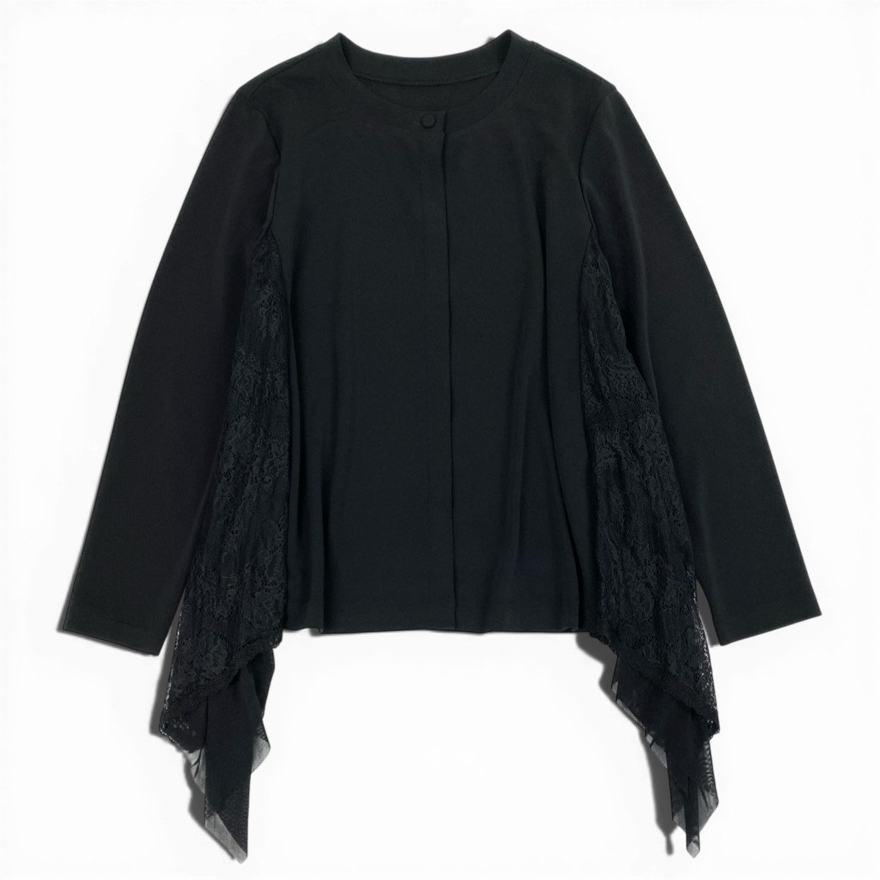 75b27 TOKUKO 1er VOL トクコプルミエヴォル ロングスリーブ カーディガン サイドレース切替  ストレッチ レディース 女性服 サイズ9 ブラックu02t