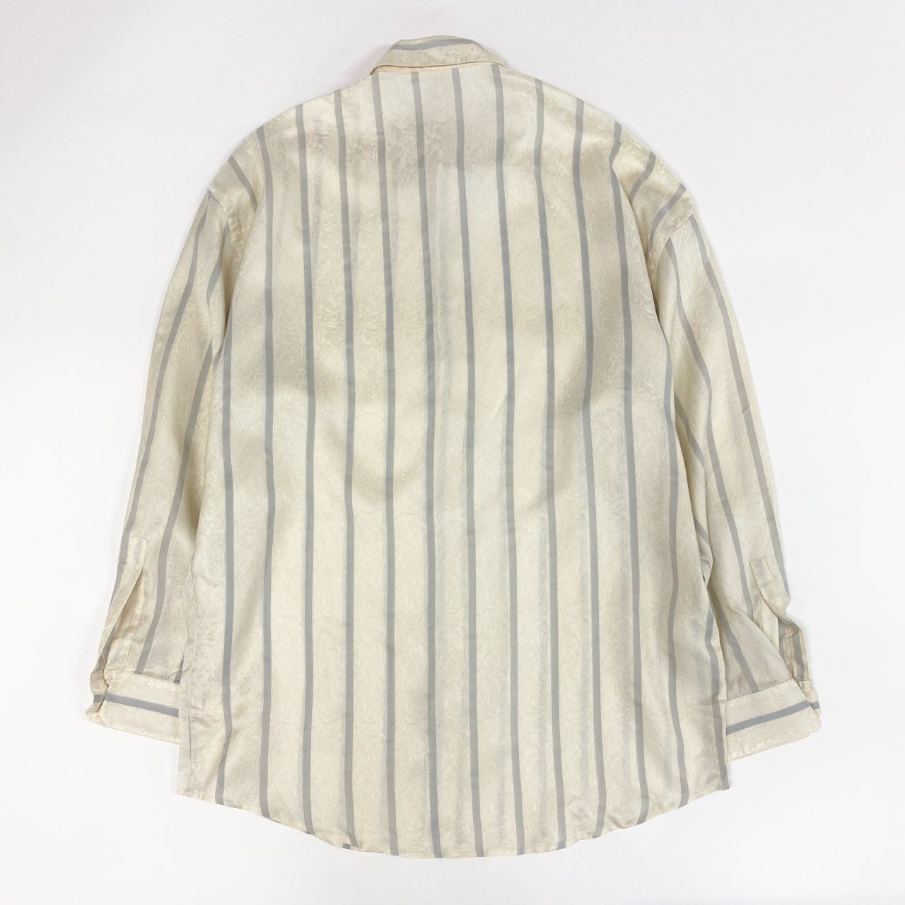 7f11 《極美品》 Gianni Versace ジャンニヴェルサーチ 総シルク 長袖シャツ とろみシャツ ストライプ バロック柄 透かし模様 イタリア製 50 アイボリー シルク100％