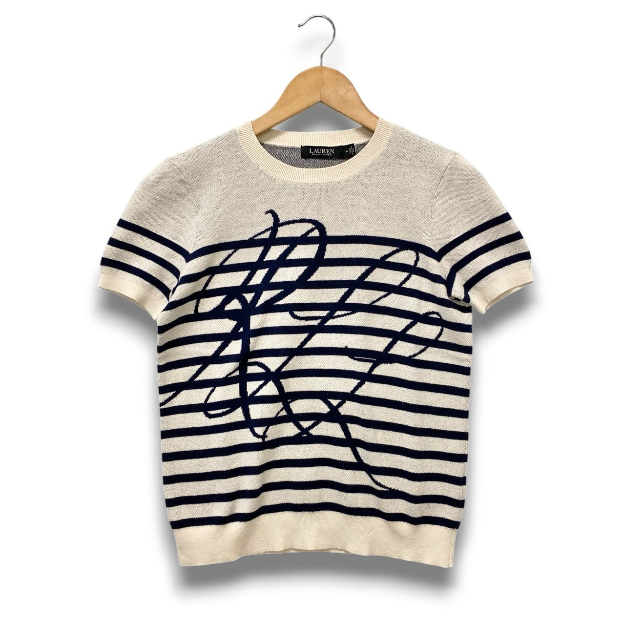 5c6 LAUREN RALPH LAUREN ローレンラルフローレン 半袖ニット サマーセーター 近年 M ホワイト ネイビー コットン レディースu02t