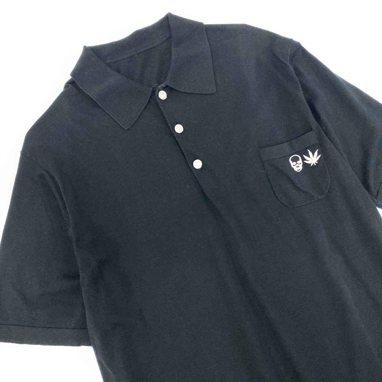 3l27 lucien pellat-finet ルシアンペラフィネ 半袖 ニットポロシャツ コットンニット ワンポイント刺繡 スカル メンズ 紳士服 L ブラック 綿100％k02i