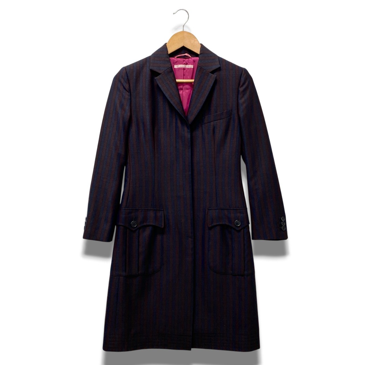 9b18 PS Paul Smith woman ポールスミス シルクブレンド ジャケットコート サイズ40 ネイビー ブラウン ストライプ柄 テーラードt18r