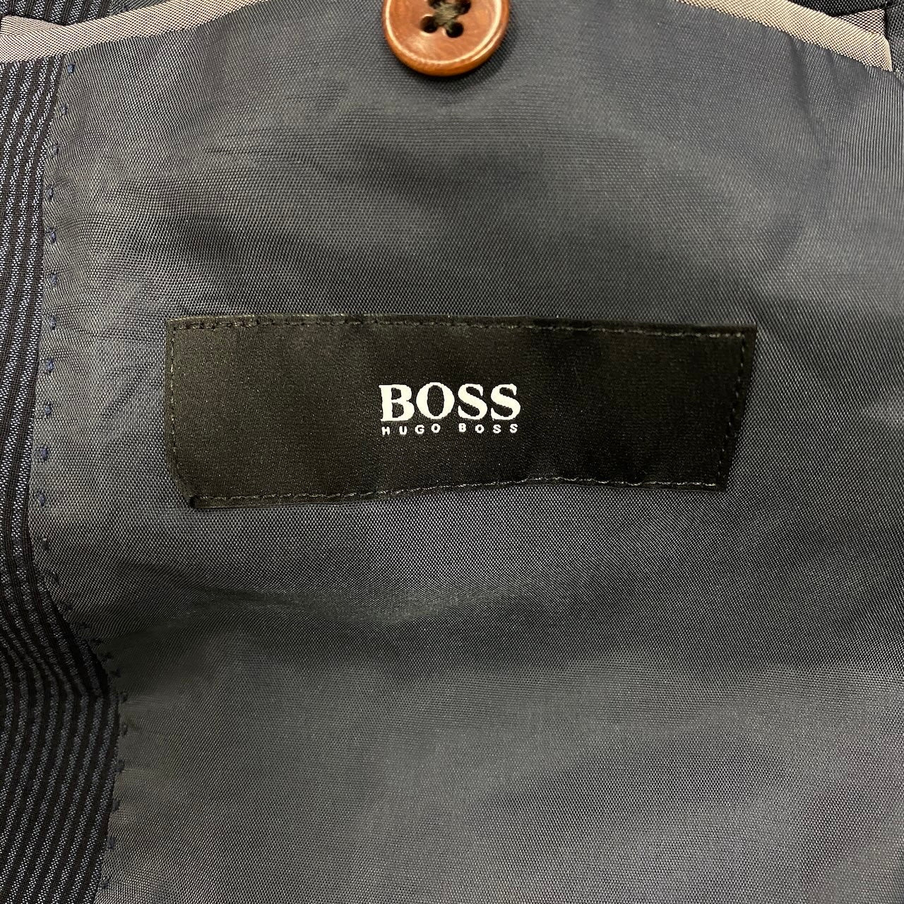 83e15 HUGO BOSS ヒューゴボス スーツセットアップ シアサッカー テーラードジャケット スラックス ストライプ 44サイズ ネイビー メンズ 男性用u02t