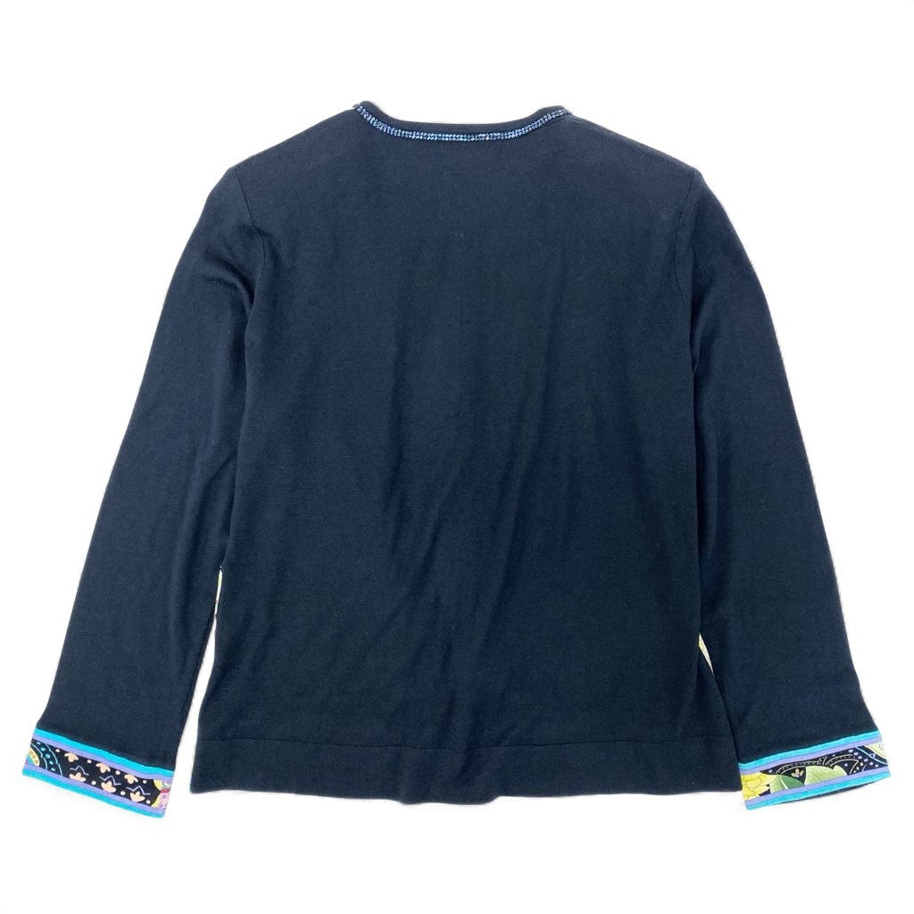 79L15 LEONARD FASHION レオナールファッション クルーネックカーディガン 花柄プリント ビジュー LL ネイビー レディース 女性用u02t