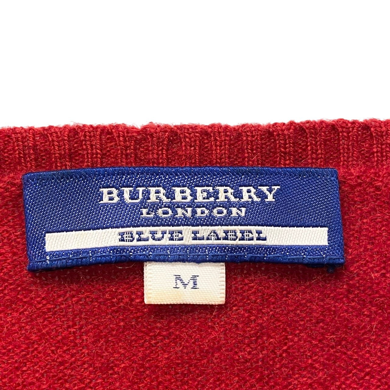 85g7 BURBERRY LONDON BLUE LABEL バーバリーロンドン ブルーレーベル カシミヤニットセーター ホース刺繡 Vネック サイズM レッド  レディースo07t