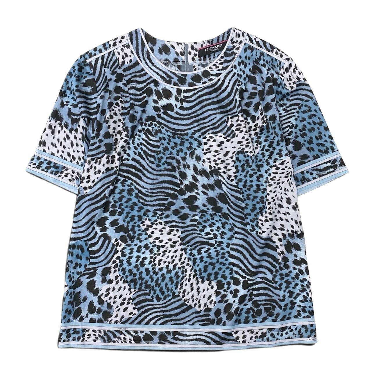 55h9 【美品】 LEONARD FASHION レオナール アニマル柄プリント カットソー 半袖Tシャツ 40 ブルー系 コットン100％ レディースu02t