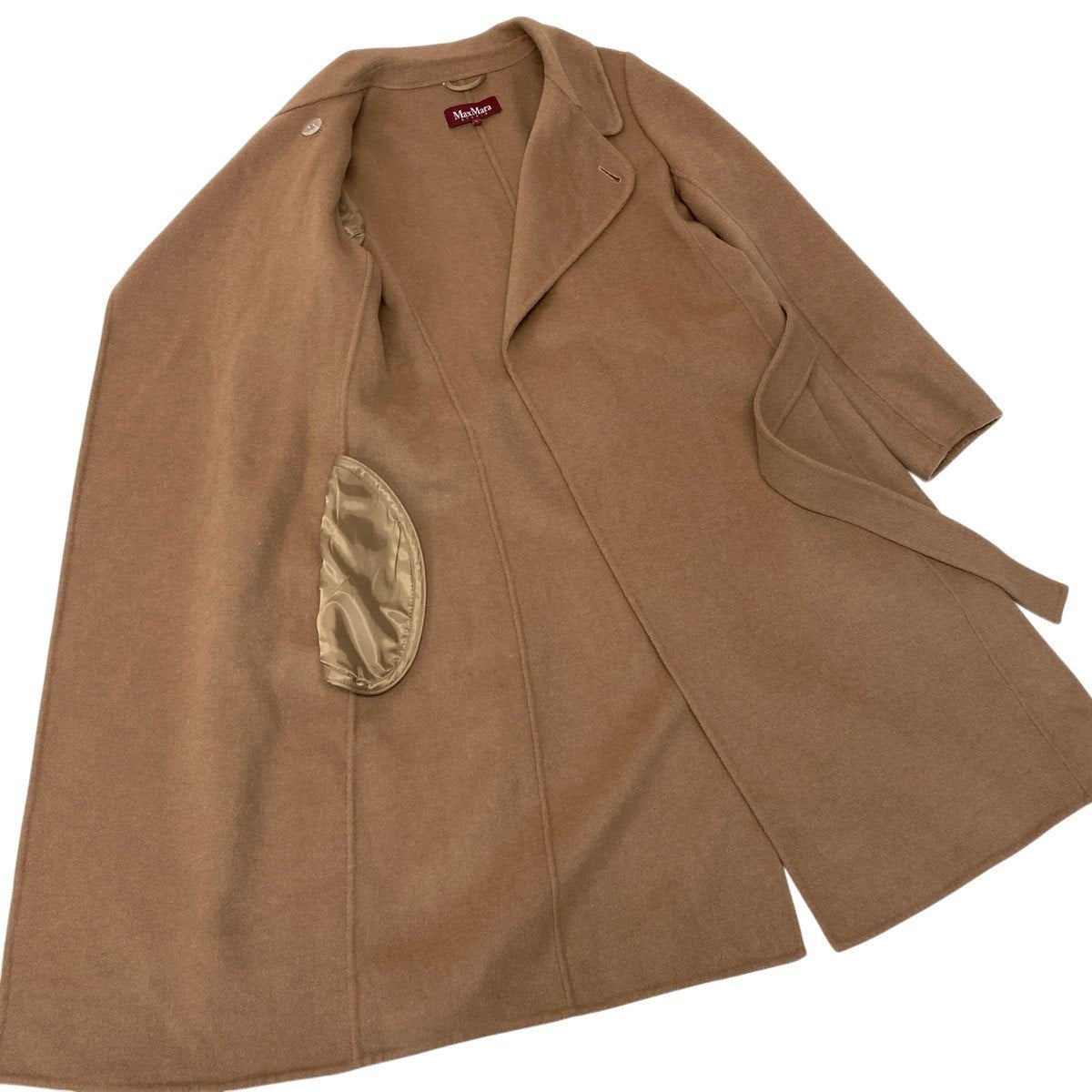 86g15 Max Mara STUDIO マックスマーラ ステュディオ ロング ガウンコート ベルト付 ウール/カシミヤ混 サイズL キャメル レディースu02t