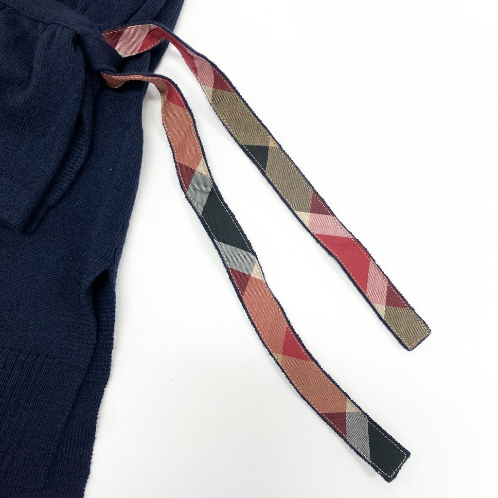 81L15 【美品】BULE LABEL CRESTBRIDGE ブルーレーベル クレストブリッジ ロングカーディガン ニットワンピース キャンディスリーブ Vネック チェック柄 55F90-829-29 38サイズ ネイビー レディースu02t