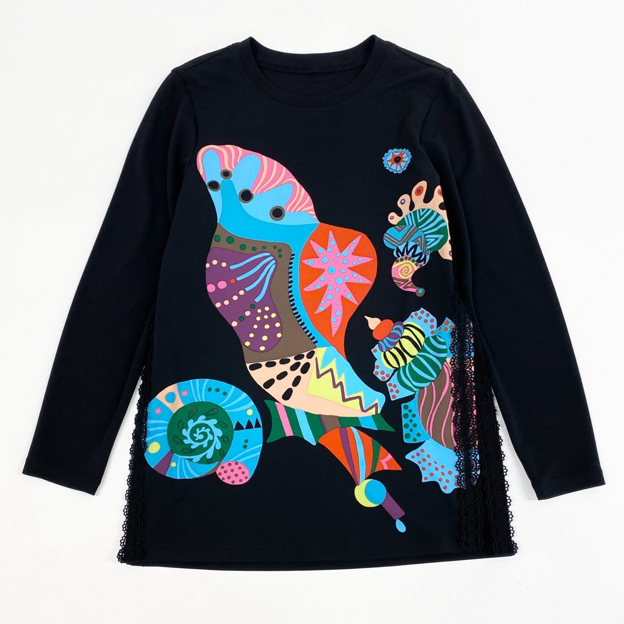 38k26 《美品》 TOKUKO 1er VOL トクコプルミエヴォル チュニックカットソー ロングスリーブ プルオーバー フロントプリント レース装飾 レディース 女性用 9 ブラックu02t