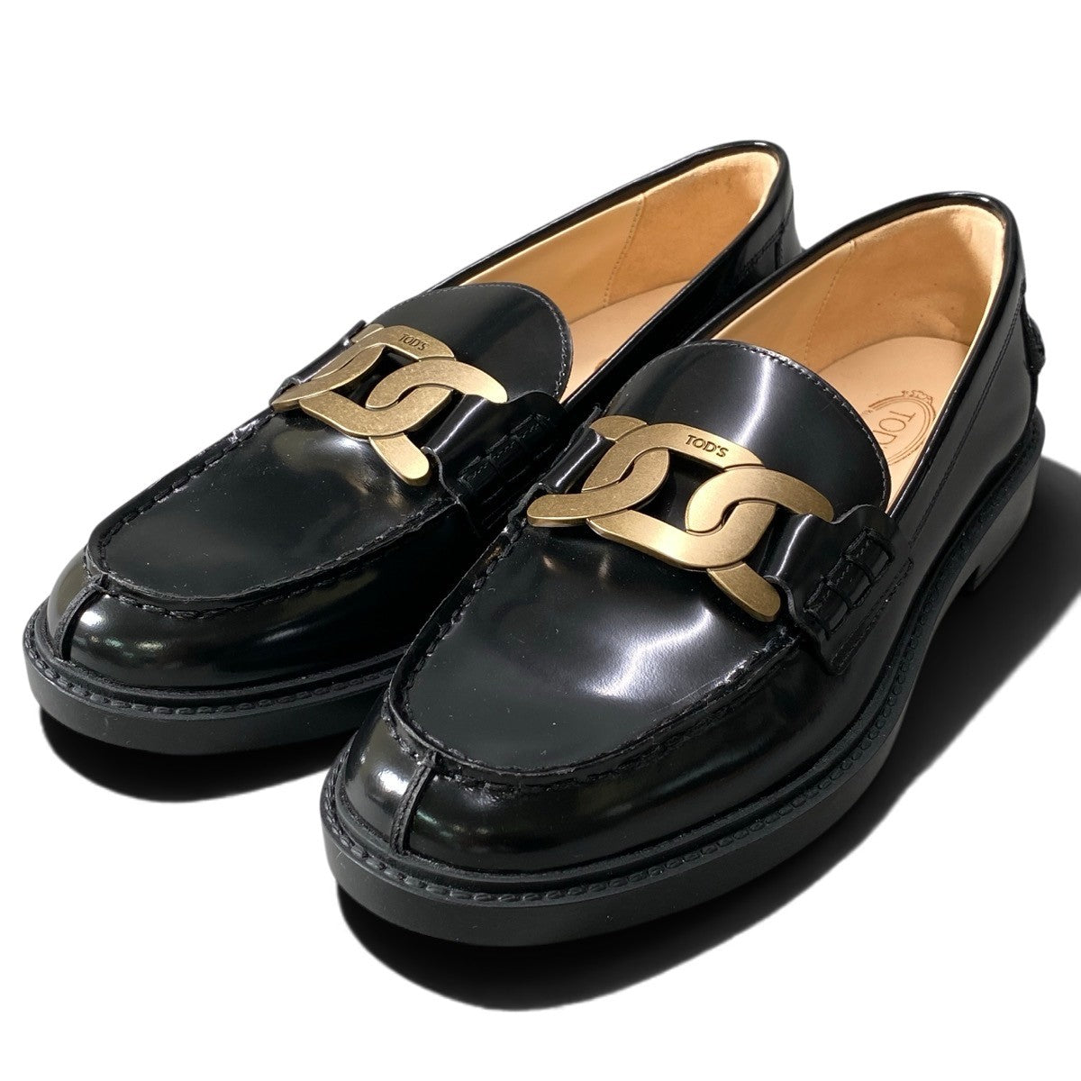 g31 TOD’S ケイト レザー ローファー チェーンモチーフ イタリア製 38サイズ ブラック レザー レディース 女性用k02i