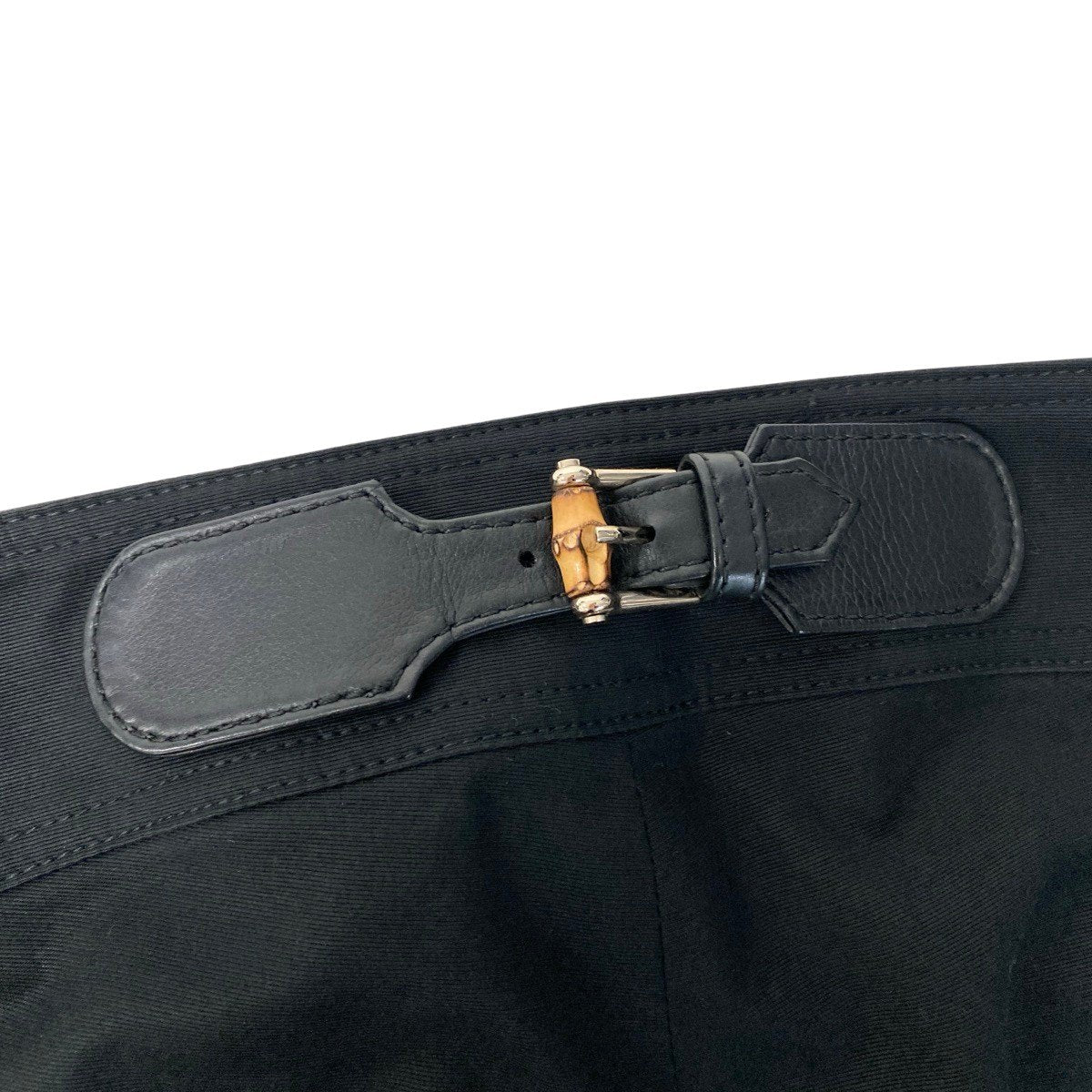 Ef12 GUCCI グッチ スラックスパンツ 伸縮ストレッチ ボトムス バンブー レザーベルト サイズ44 ブラック レディース女性用u02t