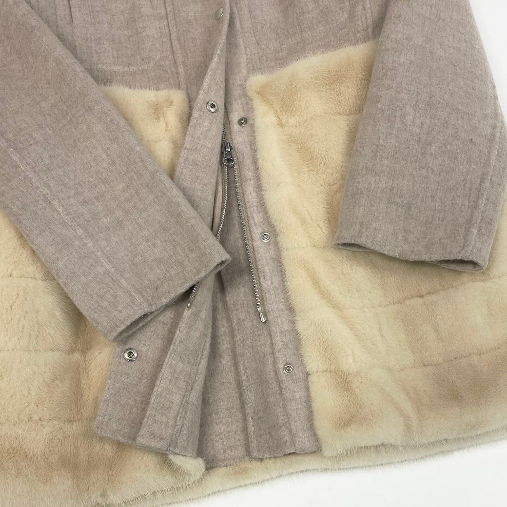 41c10 パールミンク × ウール ジップコート ホワイト ベージュ 本毛皮 Pearl Mink Fur × Wool Zip Coatt18r