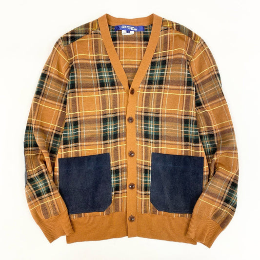 44h26 JUNYA WATANABE MAN COMME des GARCONS ジュンヤワタナベマン コムデギャルソン 多素材MIX ジャガード エルボーパッチ ニットカーディガン スエードポケット チェック柄 スエード Sサイズ マルチカラー メンズo07t