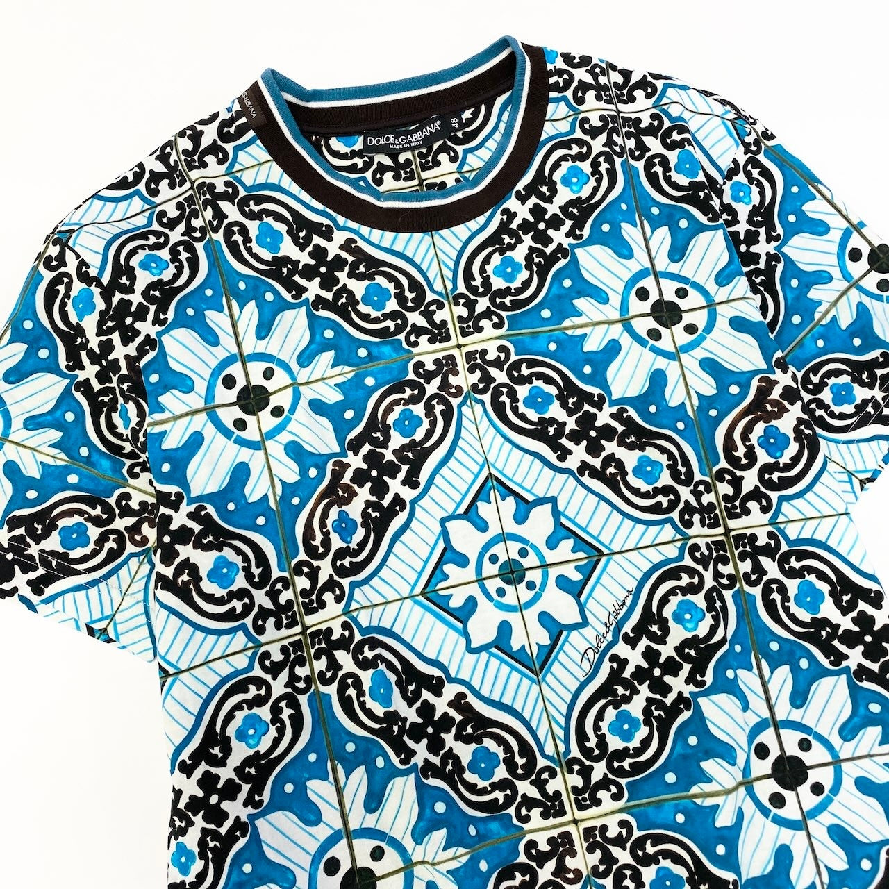 Ad15 DOLCE&GABBANA ドルチェアンドガッバーナ マジョリカ柄 Tシャツ Majolica Print T-Shirt サイズ48 ブルー D&G ドルガバ マヨリカt18r