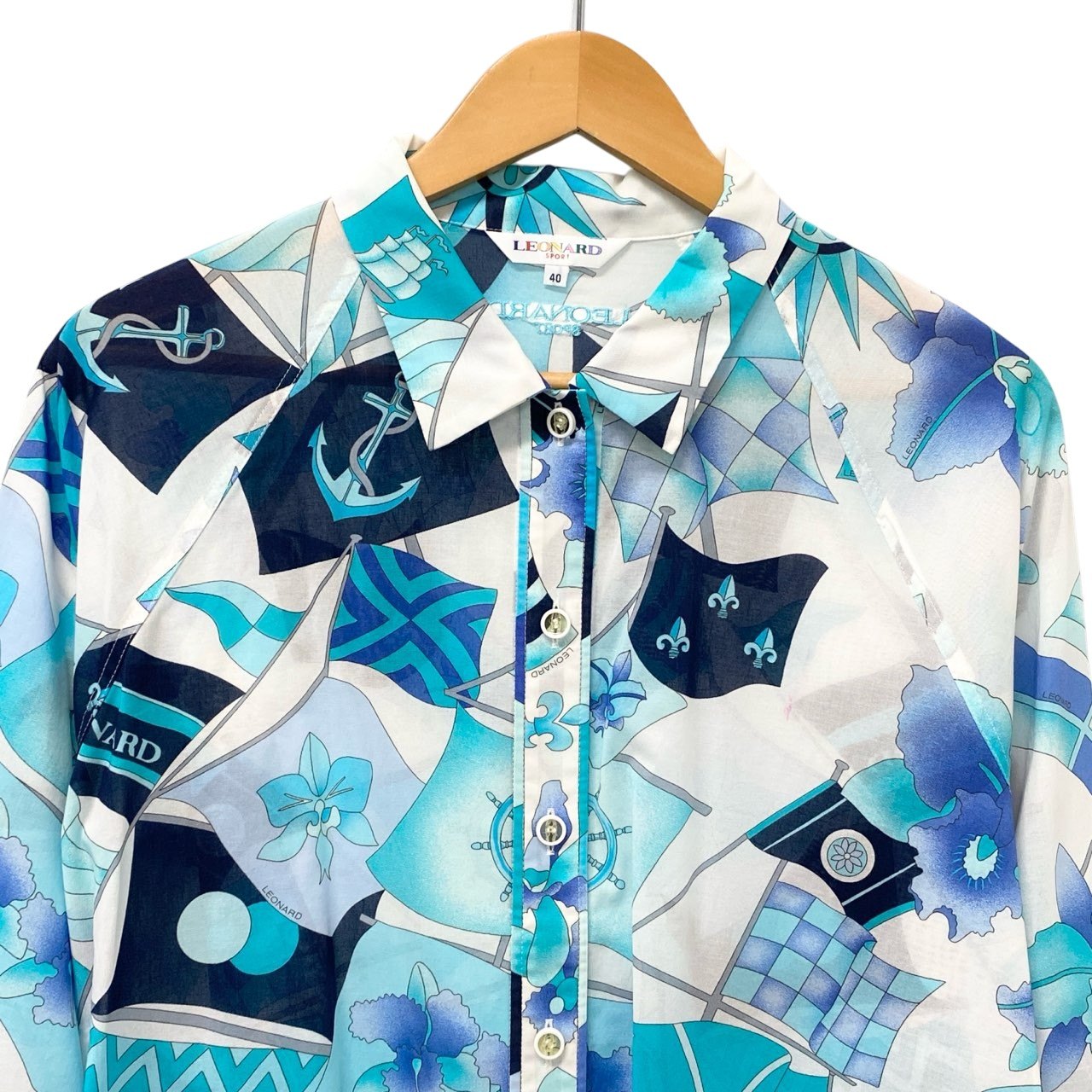 77b17 LEONARD レオナール ロングスリーブシャツ シースルー 総柄プリント 0531133 40サイズ ホワイト ブルー コットン100％ レディース 女性用u02t