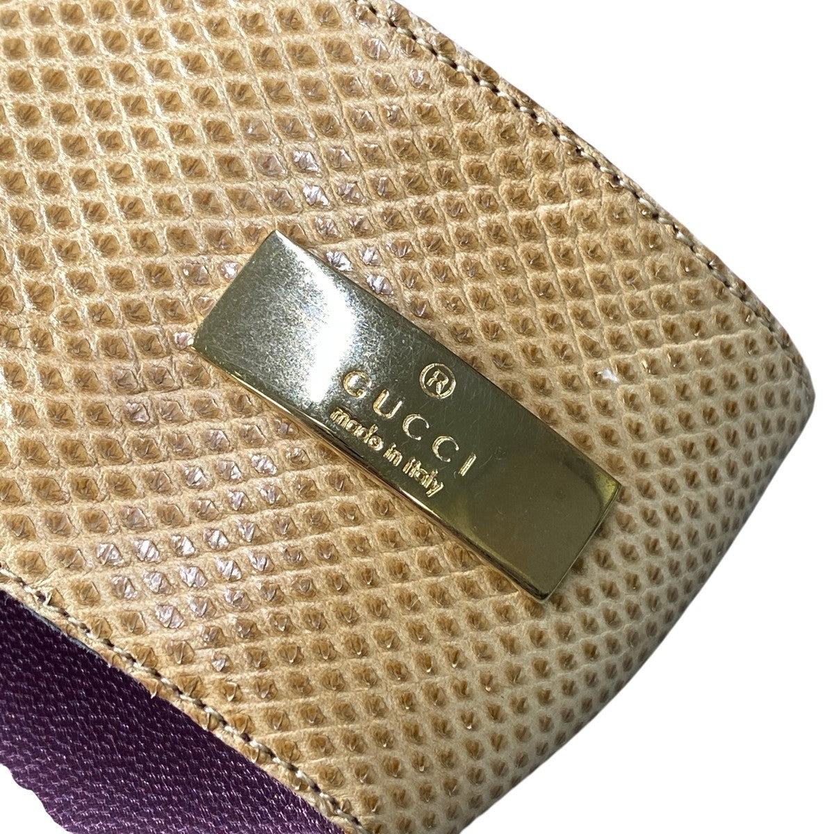 g31 【新品保管品】GUCCI レザーサンダル ブランドロゴプレート イタリア製 36 1/2サイズ パープル ベージュ レザー レディース 女性用k02i