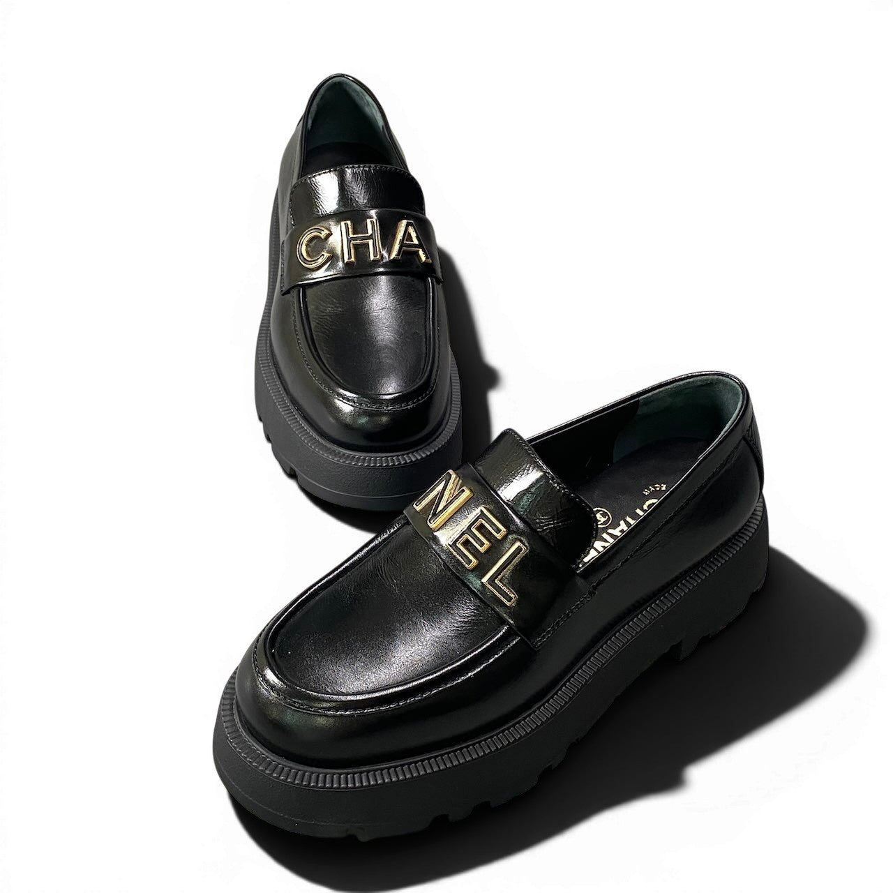 e18 CHANEL シャネル ローファー ブランドロゴ カーフスキンレザー 厚底ソール ボリューム レディース 女性用 G45788 36 ブラックu02t