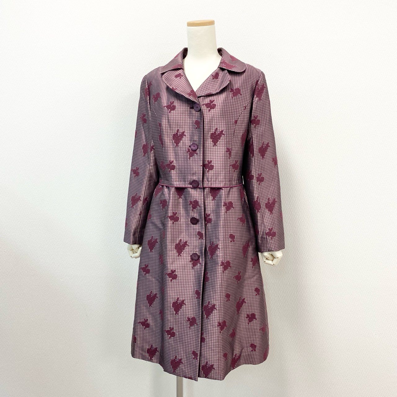 27j22 《美品》HANAEMORI ALMA EN ROSE ハナエモリ アルマアンローズ チェスターコート ギンガムチェック 花柄 キルティング 38サイズ パープル レディースu02t