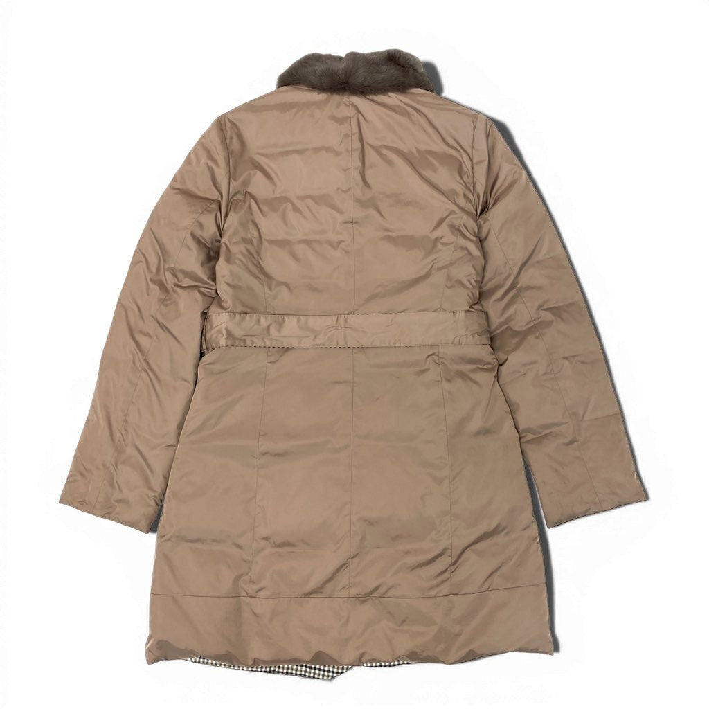 42a27 Aquascutum LONDON アクアスキュータム リバーシブル ダウンコート 2way レッキスラビットファー チェック柄 レディース サイズ8 ベージュo07t
