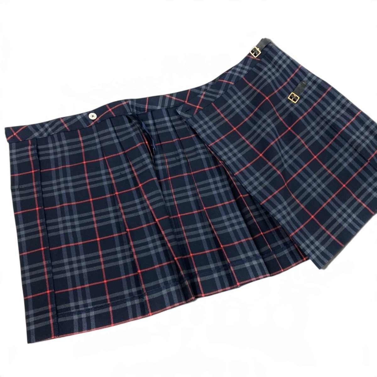 Ij15 Burberrys バーバリーズ チェック柄 レザーベルト ラップスカート サイズ6 ネイビー ウール100％ レディースo07t