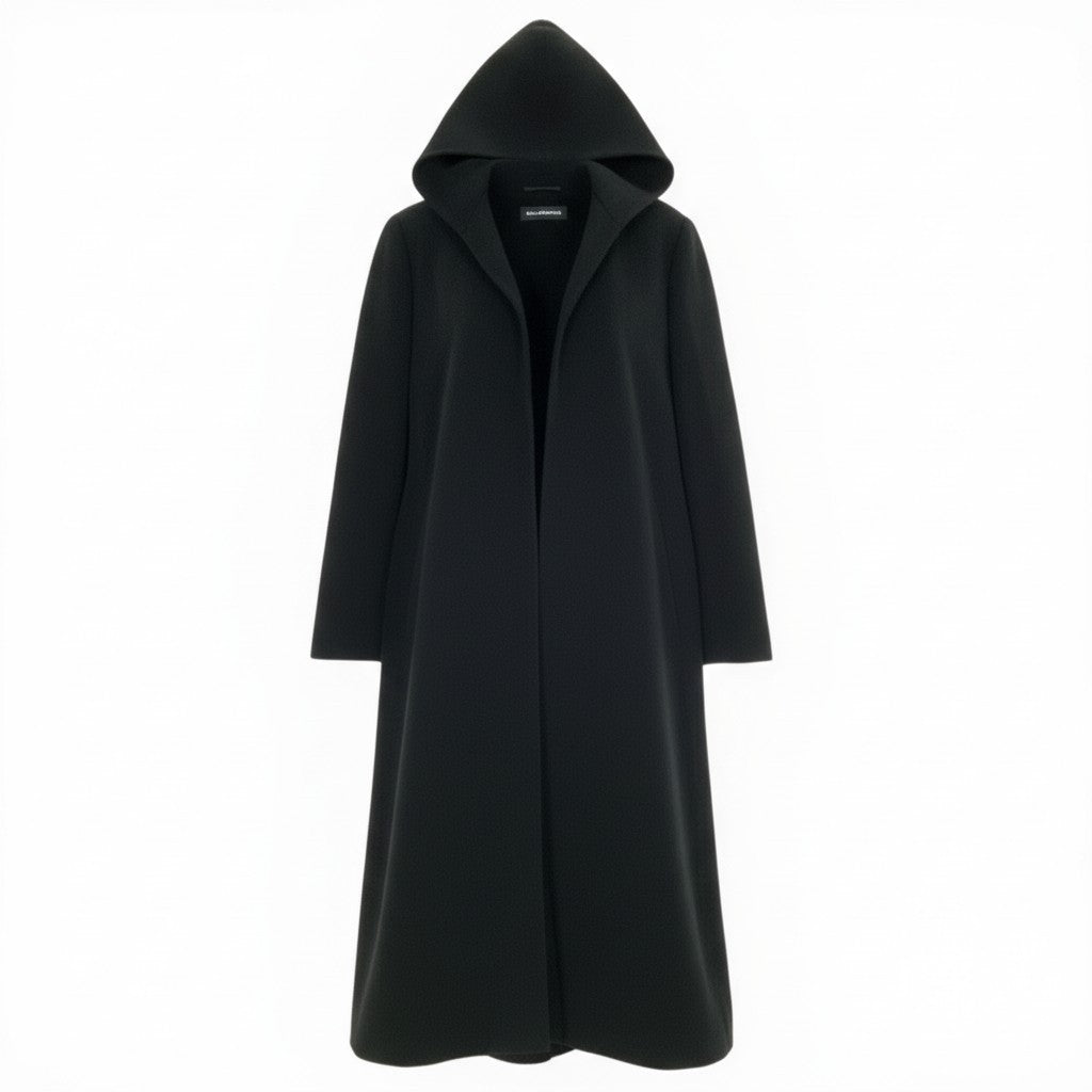 Mc18  BALENCIAGA バレンシアガ 2020年 フーデット ロングコート ローブコート ボタンレス イタリア製 メンズ 紳士服 サイズ46 無地 ブラックk02i