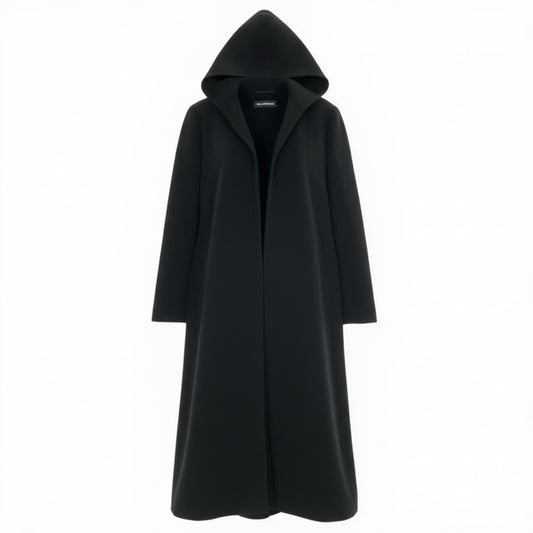 Mc18  BALENCIAGA バレンシアガ 2020年 フーデット ロングコート ローブコート ボタンレス イタリア製 メンズ 紳士服 サイズ46 無地 ブラックk02i