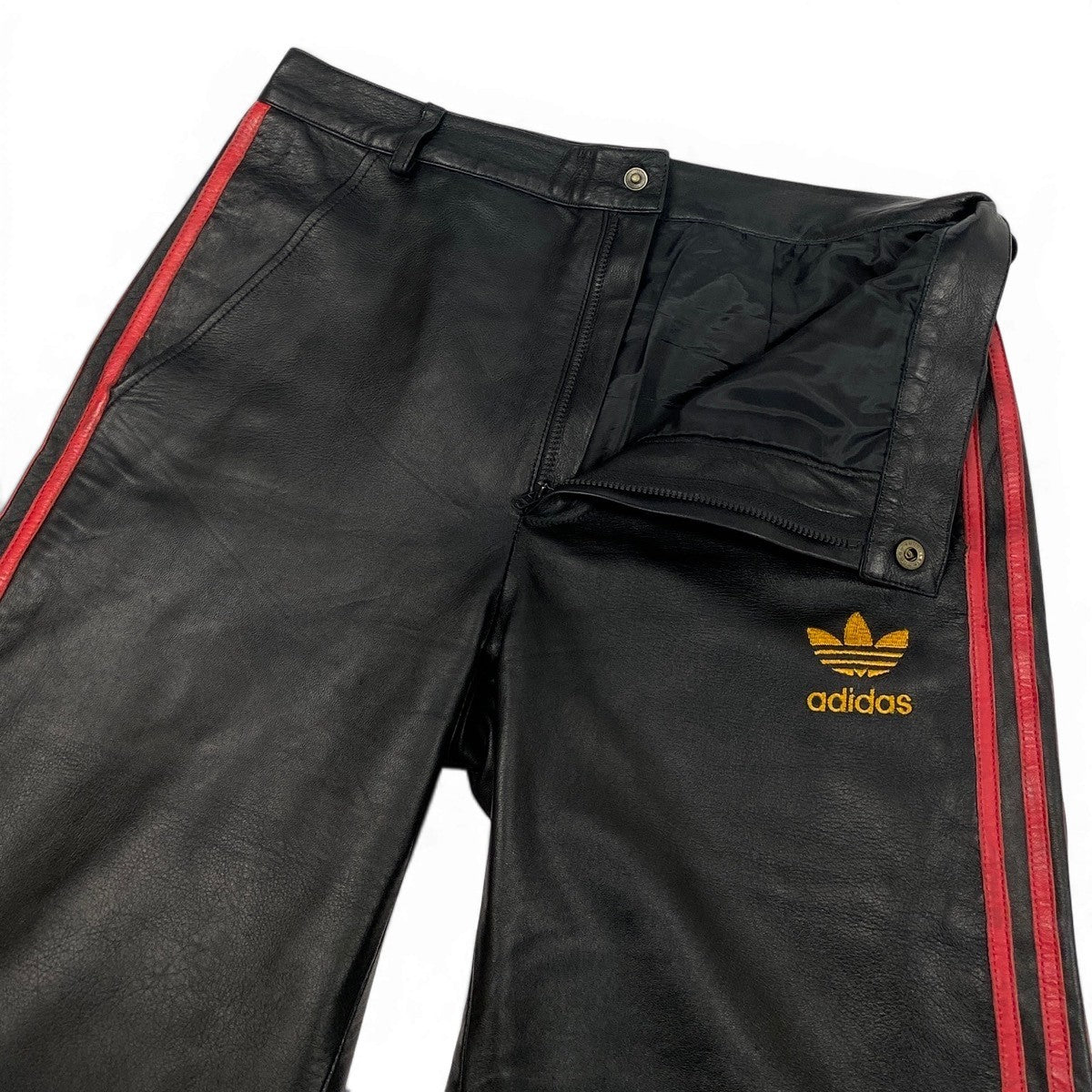 55f10 adidas アディダス 2002年 黒タグ レザー トラックパンツ トレフォイルロゴ 刺繍 サイズM ブラック レッド メンズ 紳士服u02t