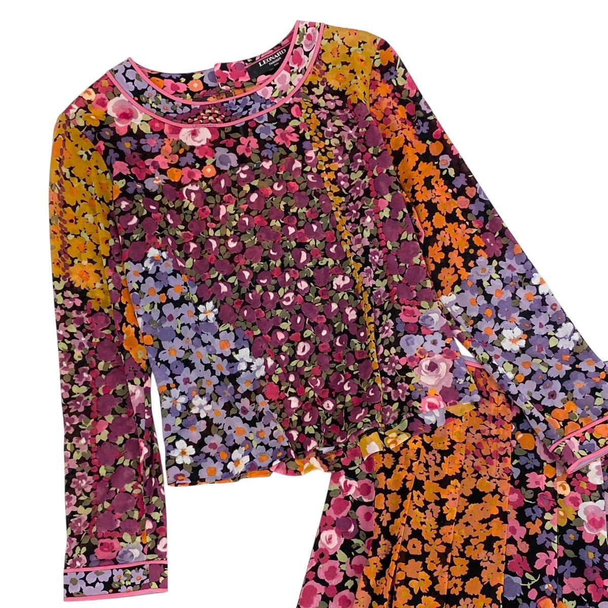 22f11 LEONARD FASHION レオナール セットアップスカート シアーカットソー フレアスカート 花柄プリント カンカン素材 サイズM/67 マルチカラー レディースu02t