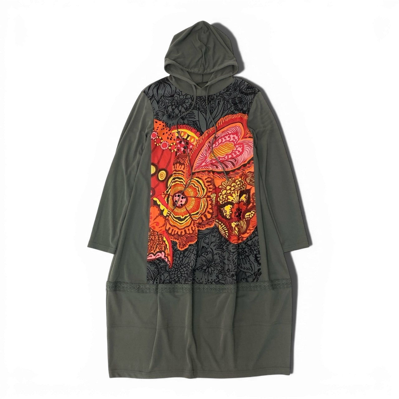 5c10 TOKUKO 1er VOL トクコプルミエヴォル フーデット ロングワンピース 長袖 花柄 ビッグプリント レース装飾 レディース 女性服 サイズ9 グレーu02t