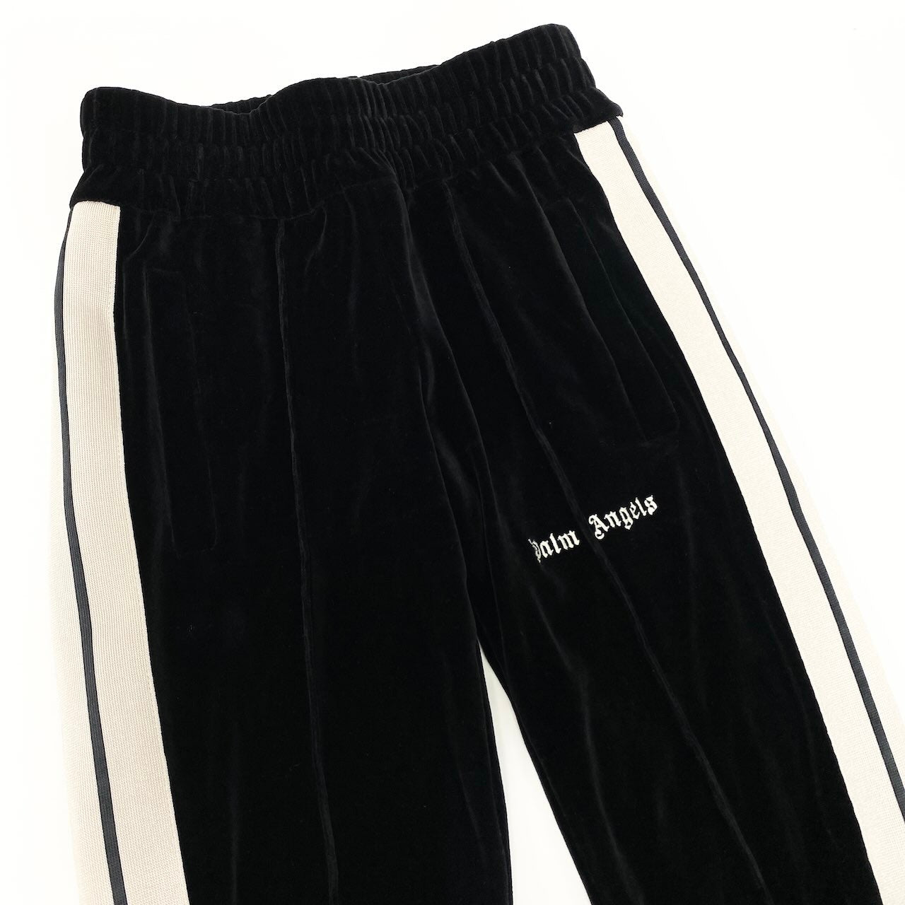 86d9 【美品】 Palm Angels パームエンジェルズ ロゴ刺繍パンツ サイドライン ロングパンツ ジャージ XXS ブラック レディース 女性用o07t