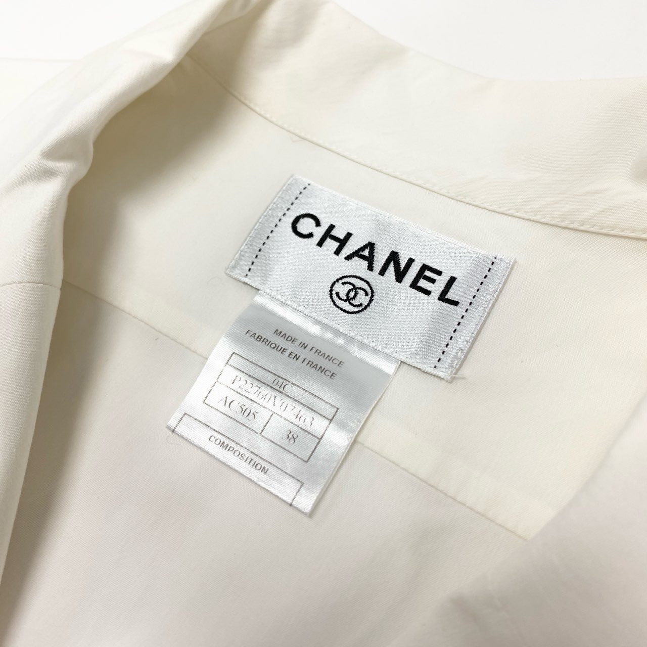 k30 CHANEL シャネル フランス製 オープンカラー 長袖シャツ ココマーク コットンブレンド レディース 女性用 38 ホワイトu02t