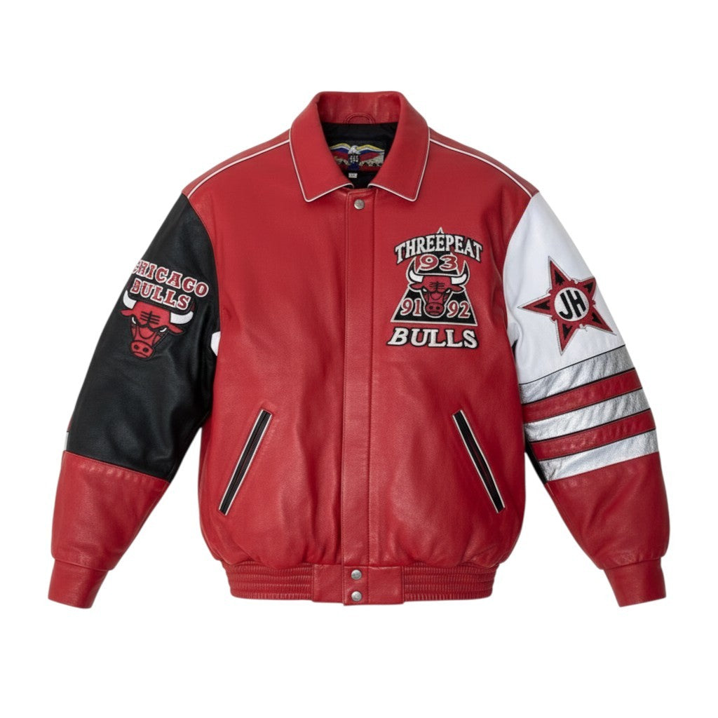 19g1 JEFF HAMILTON ジェフハミルトン NBA Chicago Bulls シカゴブルズ 3ピート記念 レザージャケット スタジャン 革ジャン USA製 Sサイズ レッド ホワイト レザー メンズ 男性用u02t