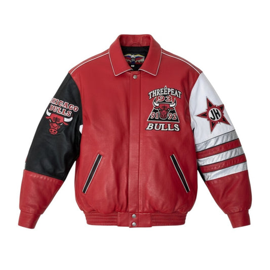 19g1 JEFF HAMILTON ジェフハミルトン NBA Chicago Bulls シカゴブルズ 3ピート記念 レザージャケット スタジャン 革ジャン USA製 Sサイズ レッド ホワイト レザー メンズ 男性用u02t