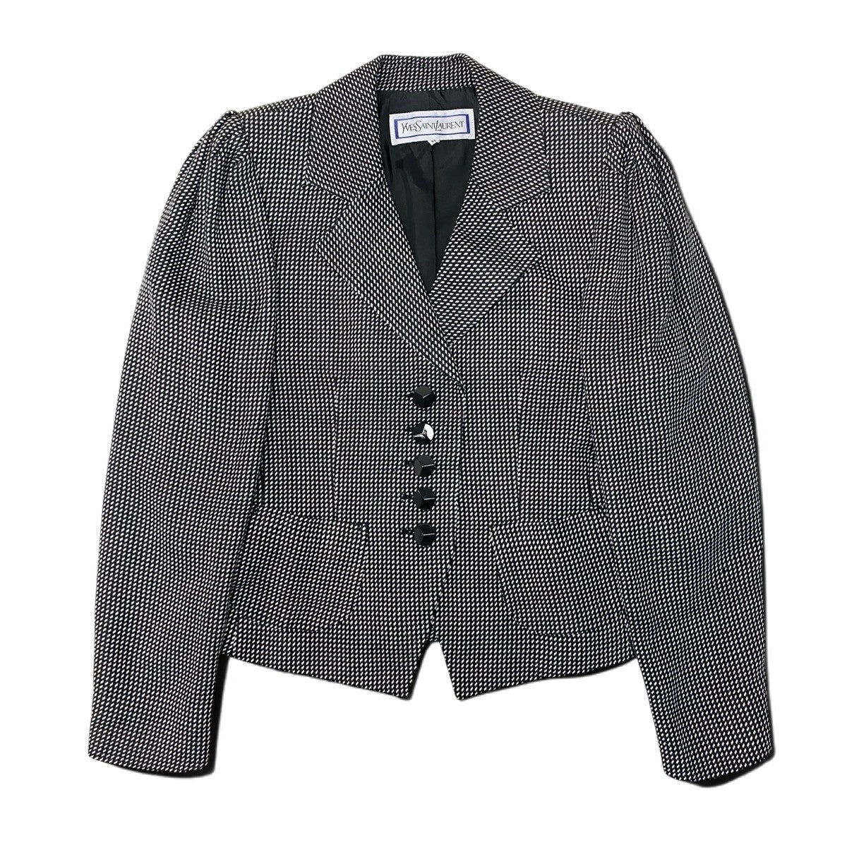 87h25 YVES SAINT LAURENT イヴサンローラン テーラードジャケット 総柄 シルクブレンド サイズM ブラック ホワイト レディースo07t