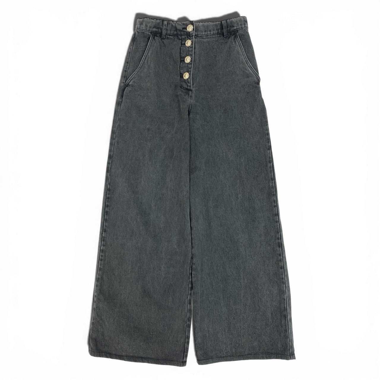 Ca23 CHANEL シャネル 2020年 ライオンボタン ワイド デニムパンツ ジーパン P64403 サイズ38 グレー系 コットン レディースta2