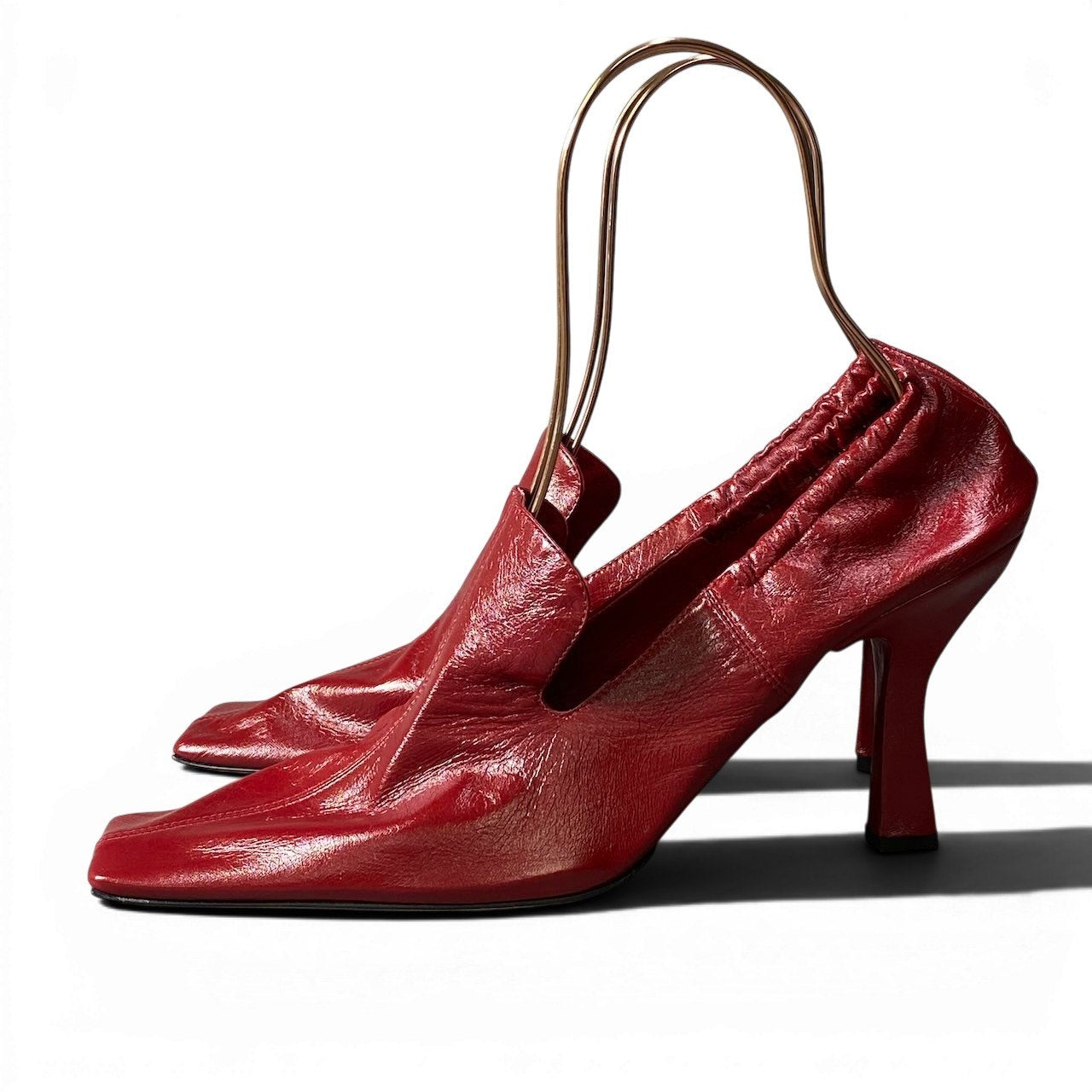 f10 【美品】 BOTTEGA VENETA ボッテガヴェネタ スクエアトゥ ヒール パンプス ローファー ブーティ イタリア製 40 1/2 レッド レザー レディースk02i