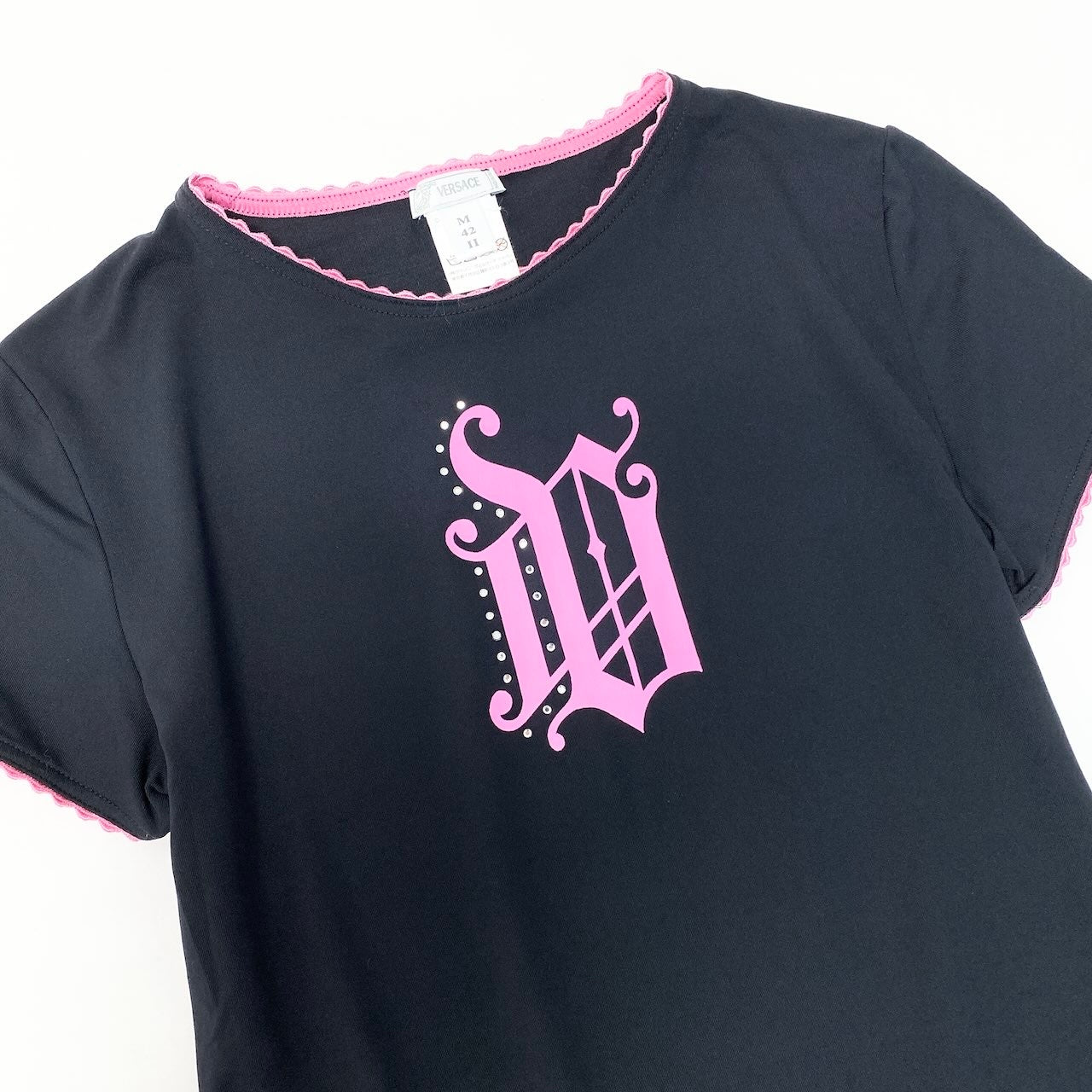 e10 VERSACE 半袖Tシャツ ゴシックロゴ ラインストーン レース Mサイズ ブラック ピンク レディース 女性用k02i