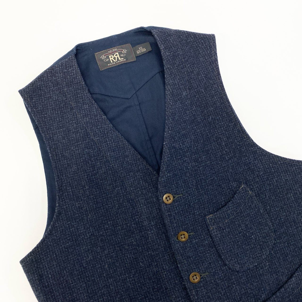 32a29 【美品】DOUBLE RL RALPH LAUREN ダブルアールエル ラルフローレン ツイードベスト ウールベスト ジレ トップス XSサイズ インディゴ メンズ 男性用o07t