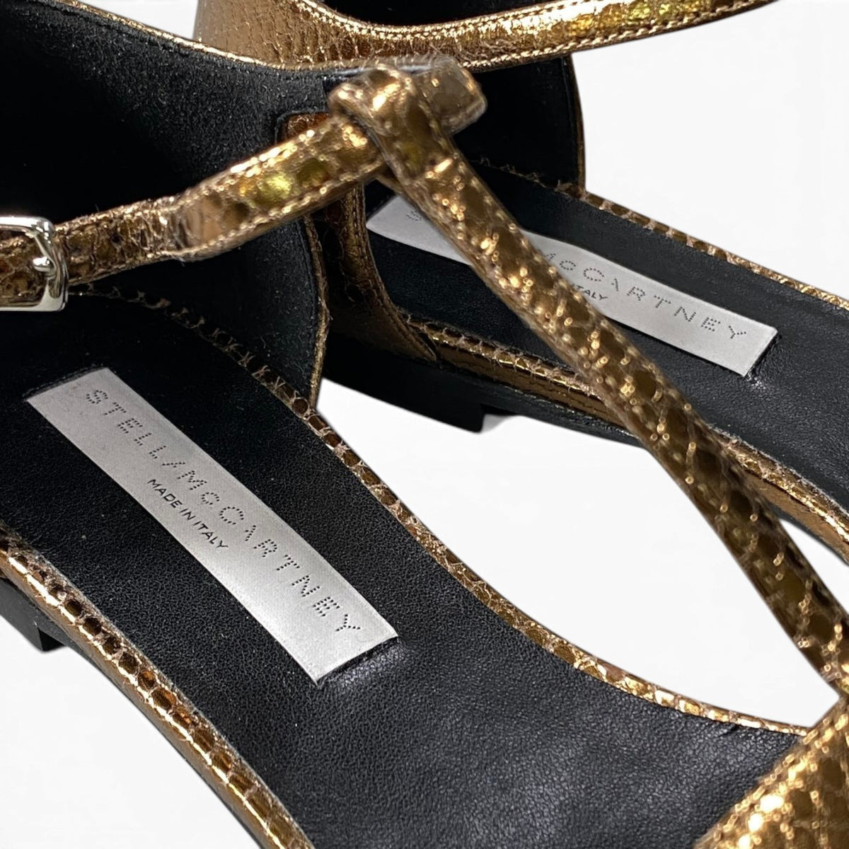 h13【美品】STELLAMcCARTNEY パイソン型押し Tストラップフラットシューズ 38サイズ ゴールド レザー レディース 女性用k02i
