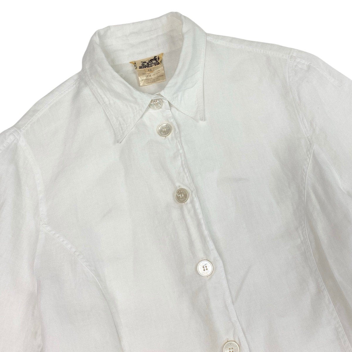 Ee28 HERMES エルメス 半袖シアーシャツ ロゴボタン サイズ40 ホワイト リネン100％ レディース 女性服u02t