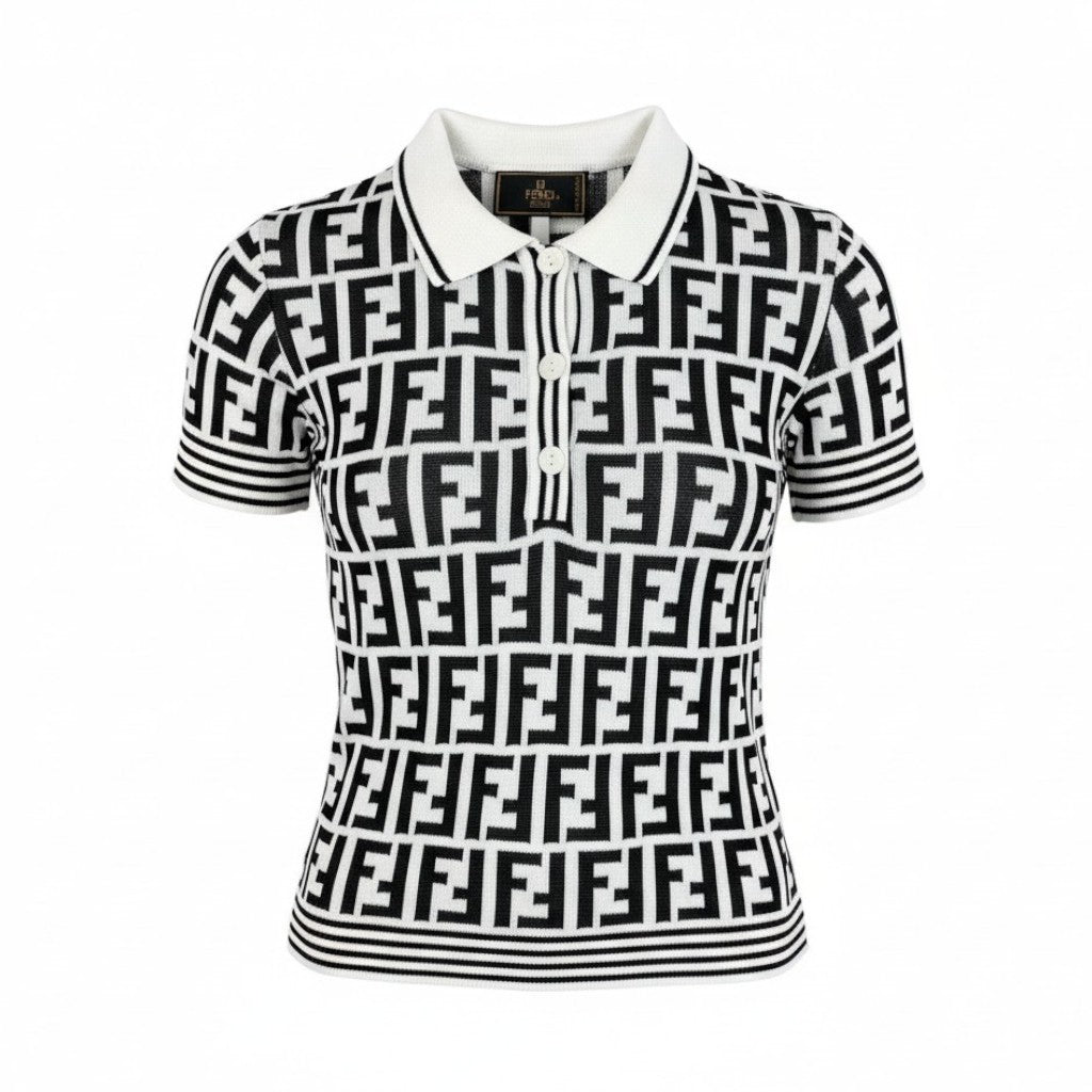 Ac2 FENDI フェンディ ヴィンテージ ニットポロシャツ ズッカ柄 S相当 ホワイト、ブラック レディース トップスk02i