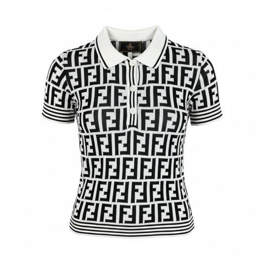 Ac2 FENDI フェンディ ヴィンテージ ニットポロシャツ ズッカ柄 S相当 ホワイト、ブラック レディース トップスk02i