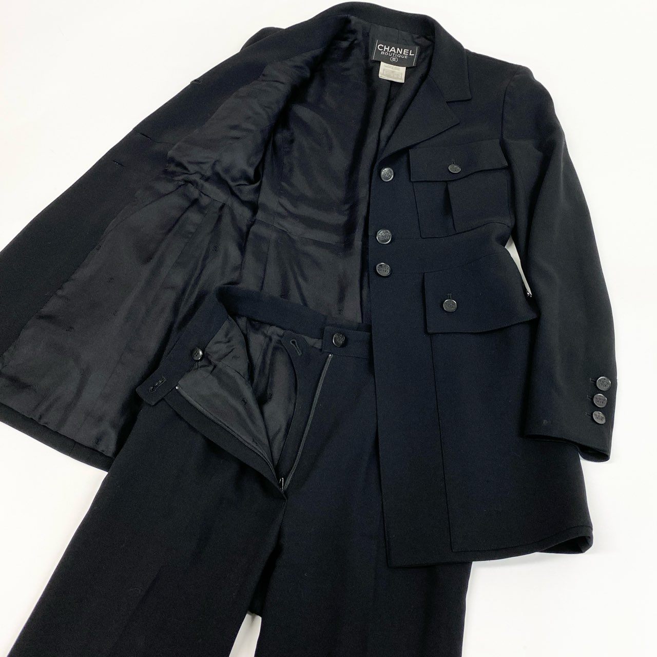 Ca15 CHANEL シャネル 1991年 P11193 スタイルアップ ジャケット パンツ セットアップサイズ36 ブラック レディースta1