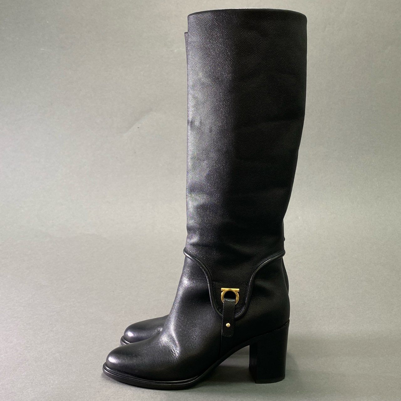 3f23 《美品》 Salvatore Ferragamo サルヴァトーレフェラガモ ガンチーニ ロングブーツ 6 ブラック レザー 本革 シューズ 女性靴