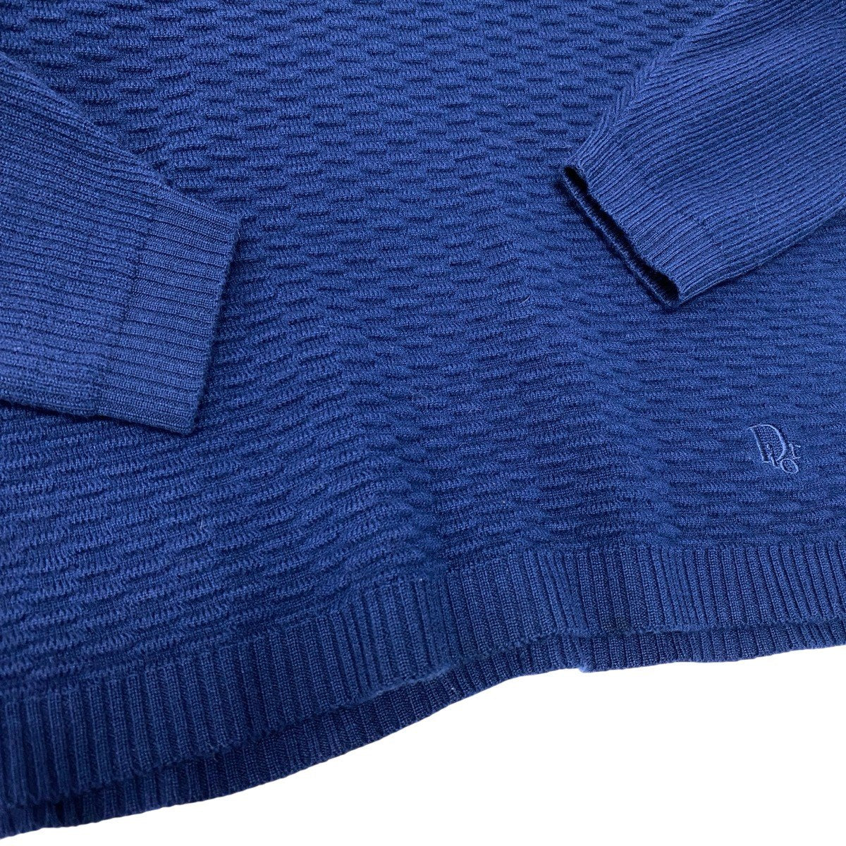 55h21 Christian Dior クリスチャンディオール Vネック ニットセーター リブ切替 裾ロゴ刺繍 サイズM ネイビー ウール100％ レディースu02t