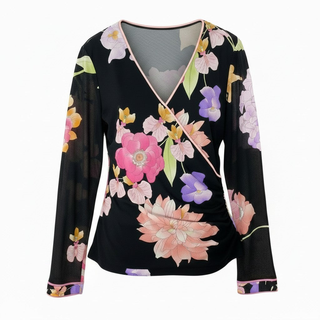 26e8 【美品】 LEONARD FASHION レオナール フロントクロス ロングスリーブ カットソー 美しい花柄プリント カンカン素材 シアースリーブ サイズM ブラック レディース 女性用u02t
