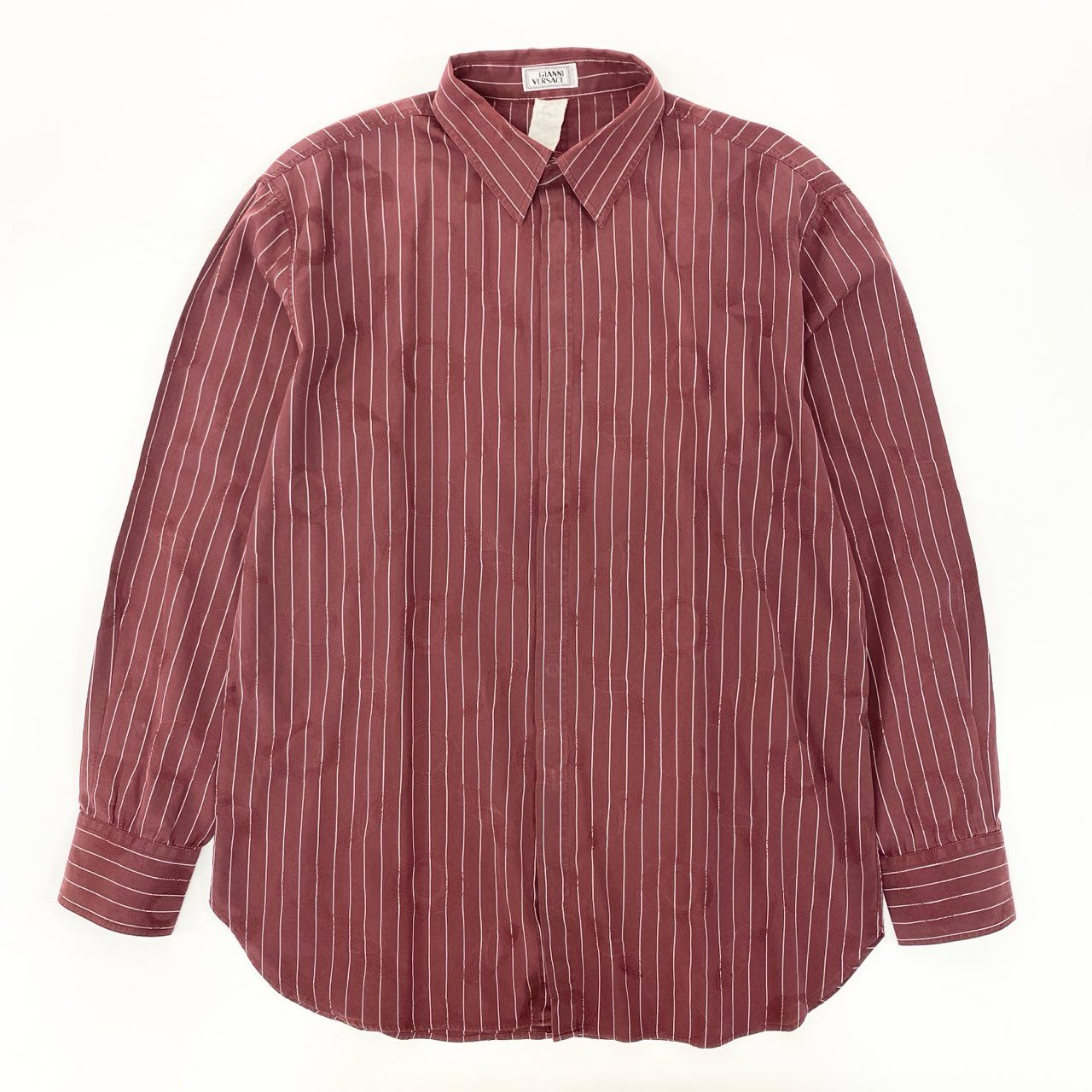 35j22 GIANNI VERSACE ジャンニヴェルサーチ 長袖シャツ ストライプ 透かし総柄模様 サイズ50 ボルドー コットン メンズ イタリア製u02t